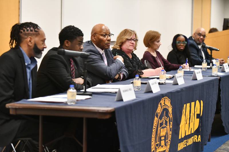Candidates for the Kankakee School District 111 School Board participate in the Kankakee County NAACP Candidates Forum on Tuesday, March 4, 2025, at Kankakee Community College.
