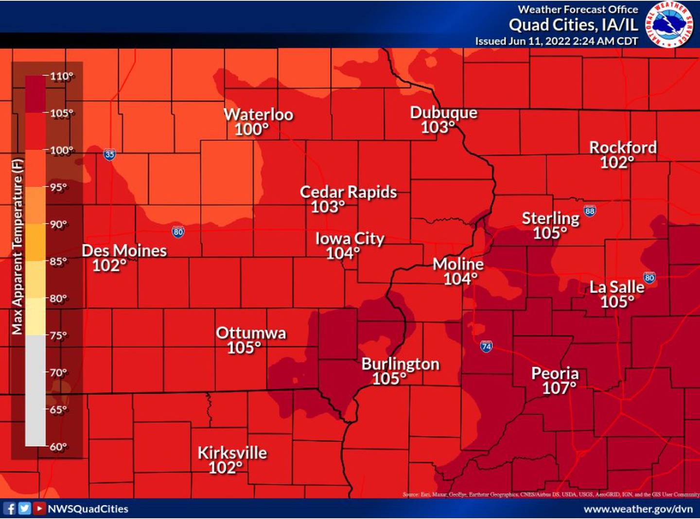Heat index forecast for Tuesday, June 14 for western Iowa and northwest Illinois, according to the National Weather Service station in Davenport, Iowa.