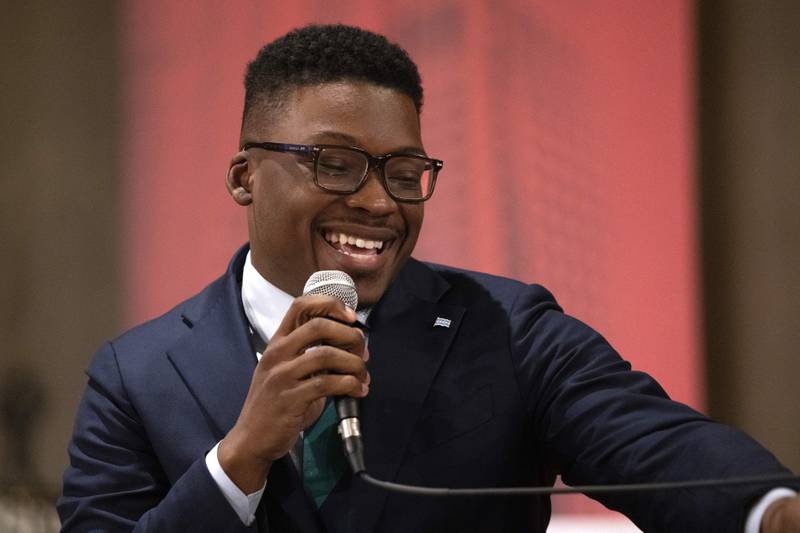 Community activist Ja'Mal Green participates in a forum with other Chicago mayoral candidates hosted by the Chicago Women Take Action Alliance Saturday, Jan. 14, 2023, at the Chicago Temple in Chicago.