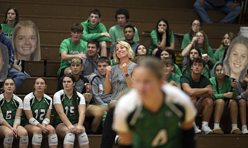 Rock Falls coach Sheila Pillars reacts after a play against Oregon Tuesday, Oct. 24, 2023 at the Riverdale volleyball regional.