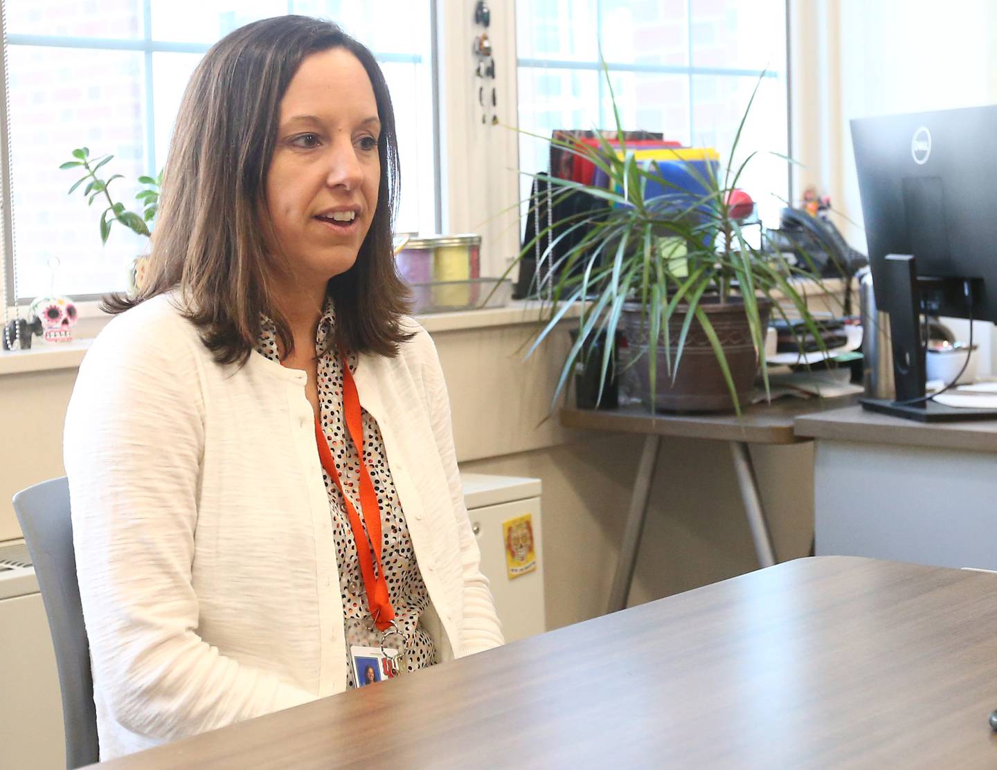 Kellie Liebhart talks during her interview before teaching her Spanish 1 class on Wednesday, March 9, 2022 at La Salle-Peru Township High School.