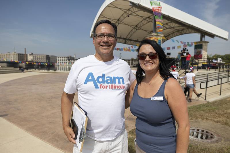 U.S. Senate candidate Adam Delgado greets Sterling Mayor Diana Merdian on Saturday, Sept. 13, 2025, at Taste of Fiesta in Rock Falls.