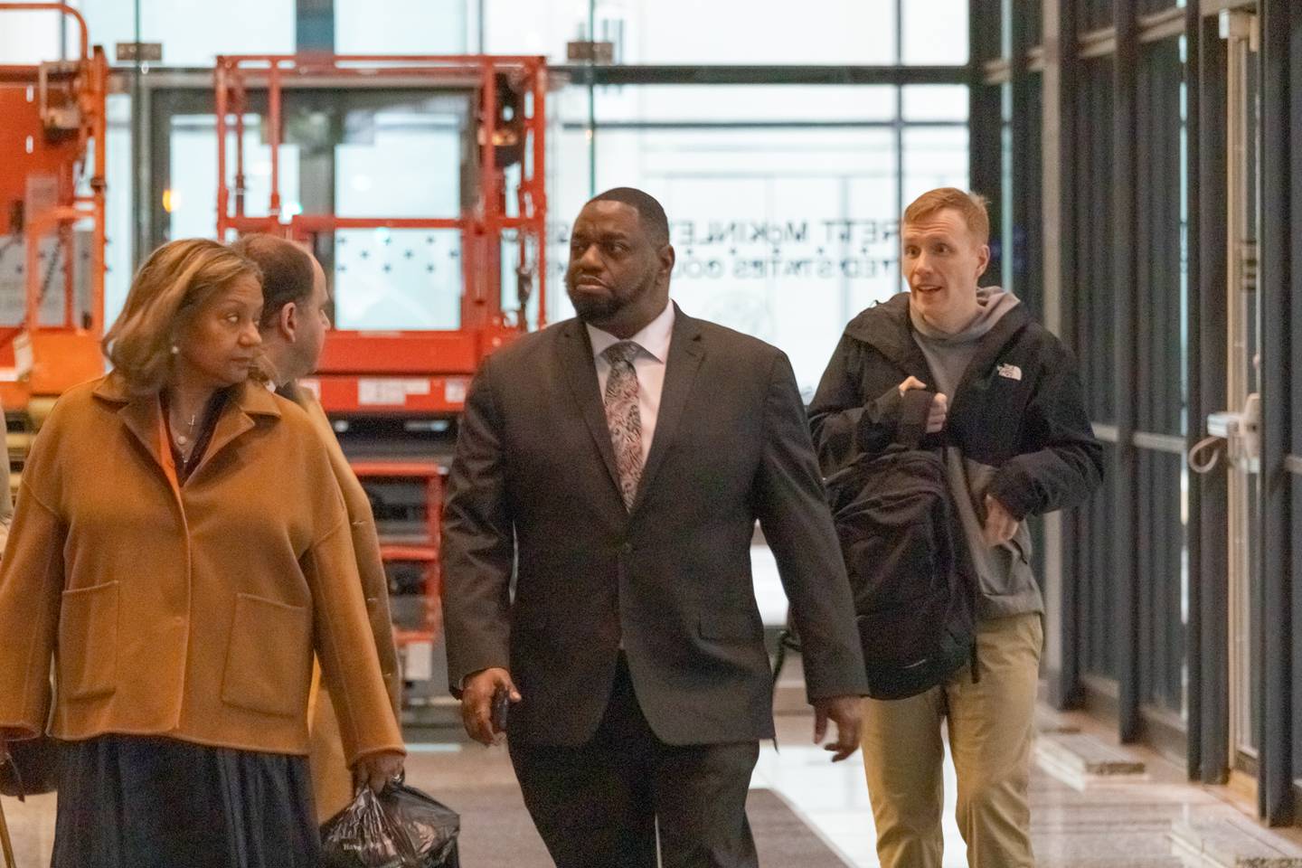 State Sen. Emil Jones III leaves the Dirksen Federal Courthouse on Thursday, April 17, after finishing three days of testifying in his own defense at his corruption trial. Closing arguments are set for Monday.
