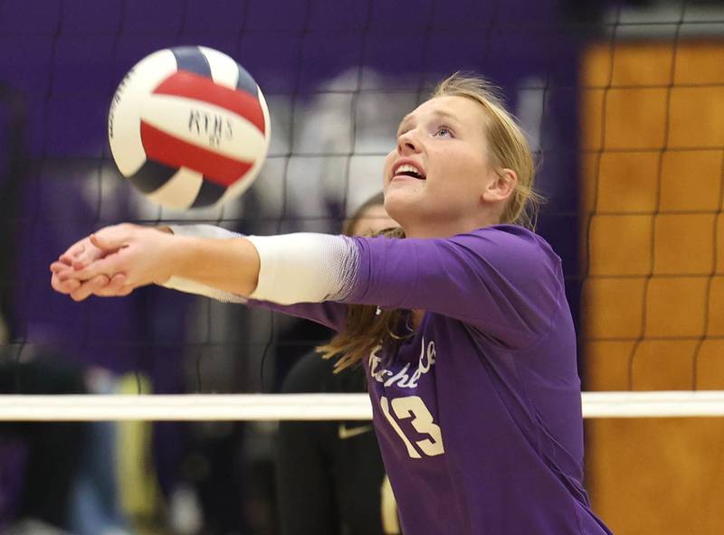 Rochelle's Reese Kissack bumps the ball against Sycamore Tuesday, Oct. 28, 2025, during their Class 3A regional semifinal match at Rochelle High School.