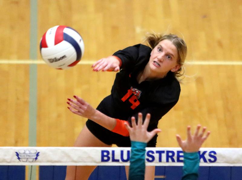 Crystal Lake Central’s Alexis Hadeler hits the ball against Woodstock North in IHSA girls volleyball Class 3A Regional action at Woodstock High School in Woodstock on Thursday, October 30, 2025.