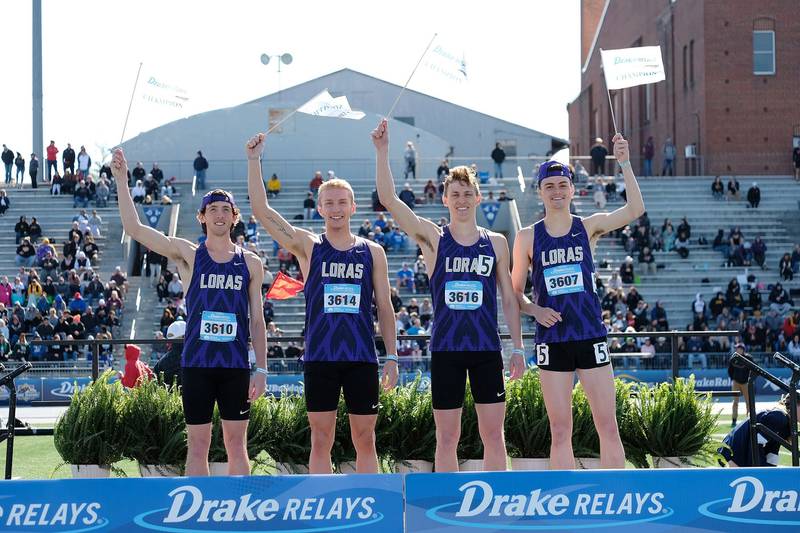 Rock Falls native Matthew Marcum (second from left) celebrates with Loras College teammates Wyatt Kelly (Left), Carter Oberfoell and Ryan Harvey (right) after they set the Division III record in the distance medley relay at the Drake Relays last month in Des Moines, Iowa.