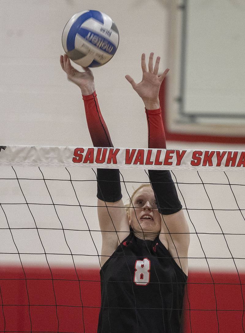 Sauk Valley’s Madyson Tichler makes a block against Titan College Wednesday, Nov. 5, 2025, during the Regional IV tournament.