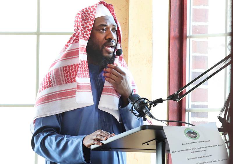 A worship leader speaks Friday, April 7, 2023, in the prayer hall or musallā at the Islamic Center of DeKalb. Muslims are currently  the holy month of Ramadan.observing