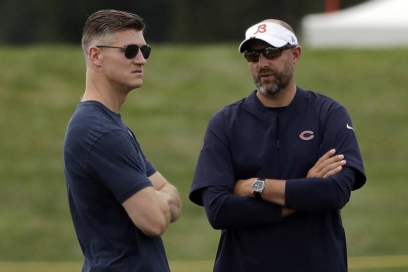 Chicago Bears head coach Matt Nagy, right, talks with general manager Ryan Pace training camp in Bourbonnais before the 2019 season.