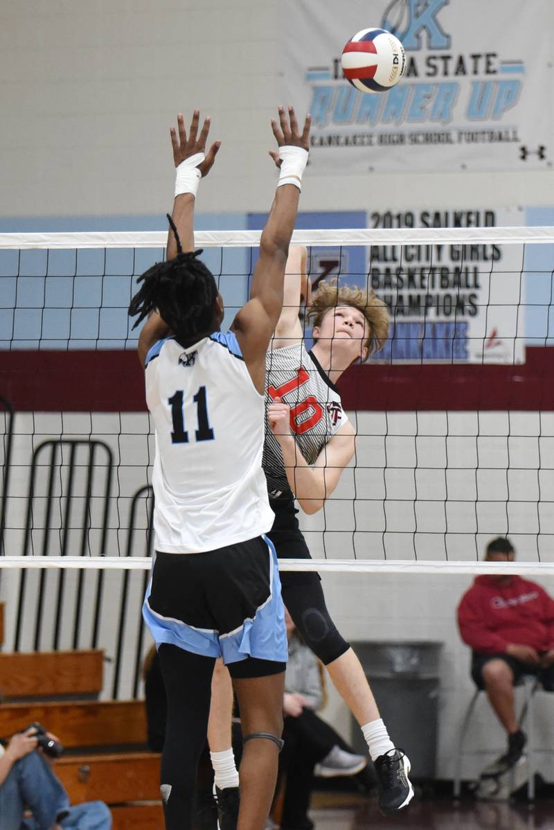 Bradley-Bourbonnais' Gavin Sikora, right, looks to send the ball past Kankakee's Trayvone Jackson during the All-City game at Kankakee Thursday, April 10, 2025.