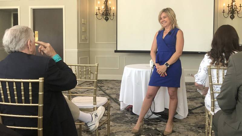 St. Charles Mayor Lora Vitek hears questions from residents at the State of the City event on May 16, 2024, at the Royal Fox Country Club in St. Charles.