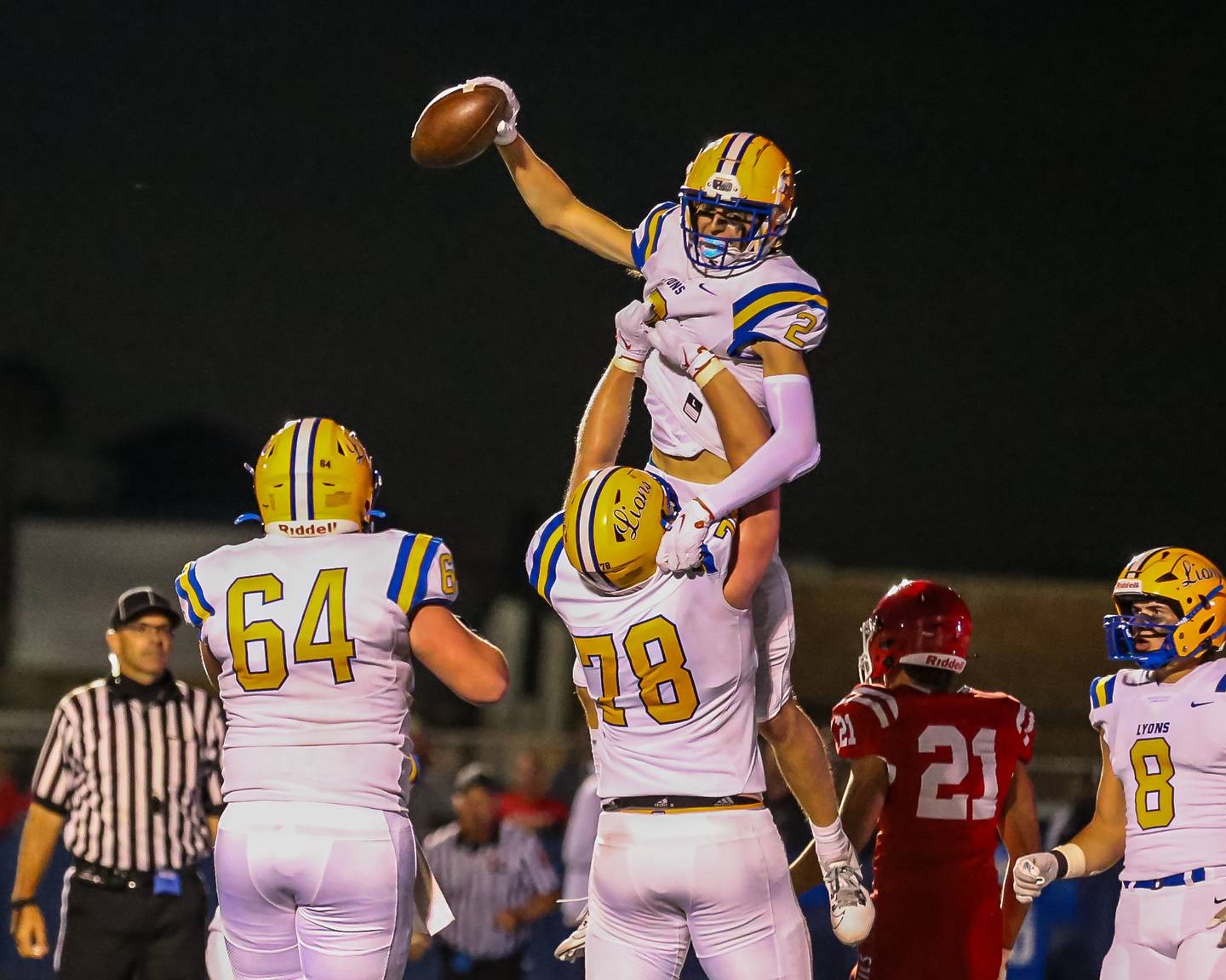 Lyon's Travis Stamm (2) celebrates a touchdown that was called back due to a penalty during football game between Hinsdale Central at Lyons.  Sept 8, 2023.