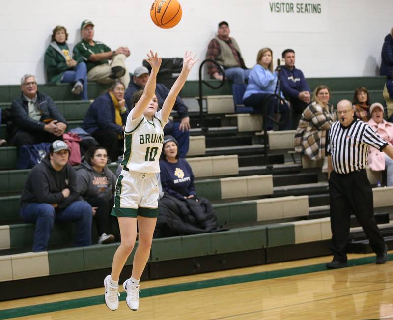 St. Bede's Parker McClain sinks a buzzer-beater shot at the end of the first half against Marquette on Monday, Dec. 2, 2024 at St. Bede Academy.