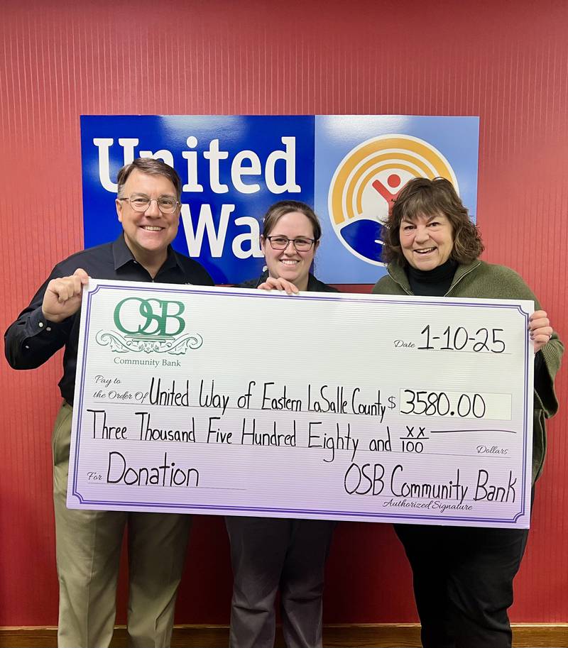 (From left) Craig Hepner, president and CEO, OSB; Erin Clark, Human Resources manager, OSB; and Sally Honiotes, executive director of United Way of Eastern La Salle County.