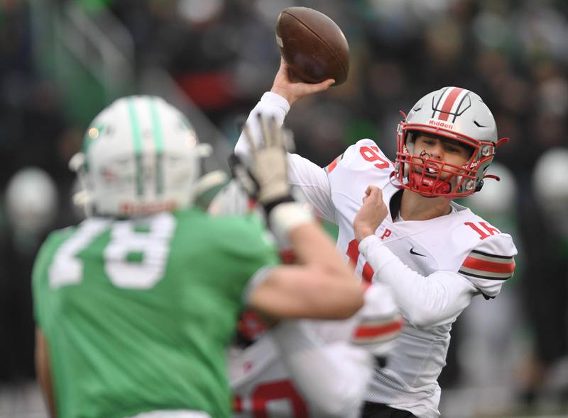 Palatine’s Tommy Elter looks for a receiver against York in a Class 8A quarterfinal playoff football game in Elmhurst on Saturday, November 12, 2022.