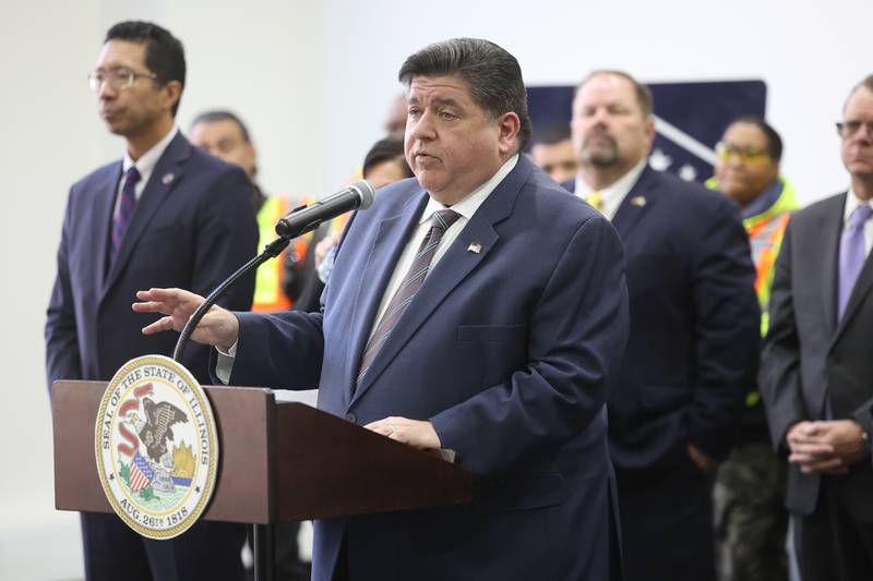 Governor JB Pritzker speaks at a press conference on reaching a key milestone for the  $1.3 Billion I-80 corridor project on Wednesday, Nov. 1, 2023 at Joliet Junior College.