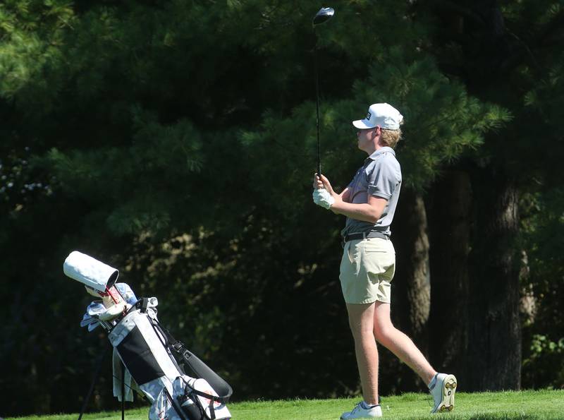 Marmion's Matthew Hall tees off during the Pirate Invitational on Monday, Sept. 15, 2025 at Deer Park Golf Club in Oglesby.