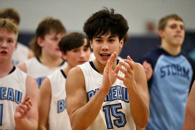 Bureau Valley's Corban Chhim celebrates the Storm's 62-56 win over Princeton at the Storm Cellar Thursday night.