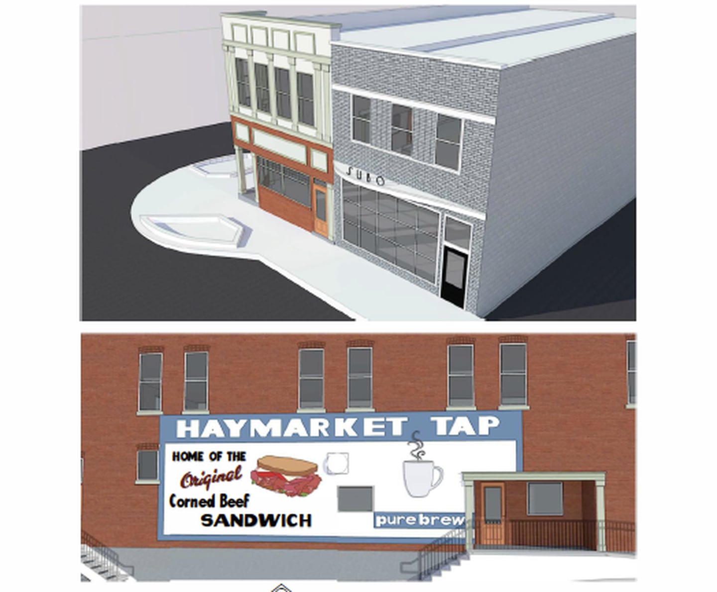 The proposed redesign of the Haymarket/Beans buildings in downtown Sterling, along with the restored Haymarket Tap mural.