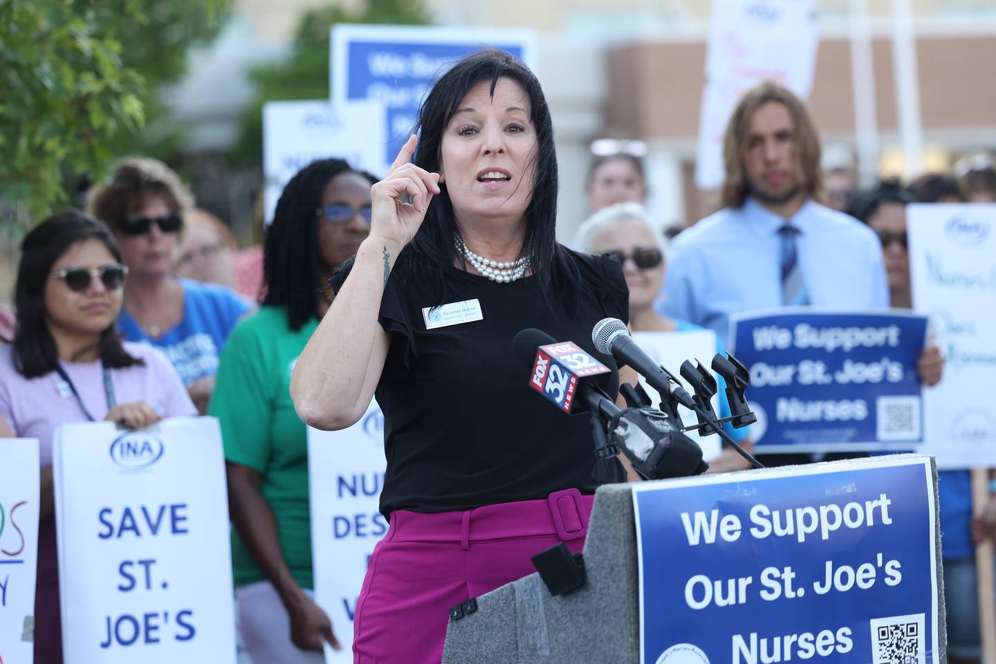 Joliet City Council member Suzanna Ibarra speaks at a press conference during a picket outside St. Joseph Hospital as contract negotiations continue on Thursday, July 20th, 2023 in Joliet.