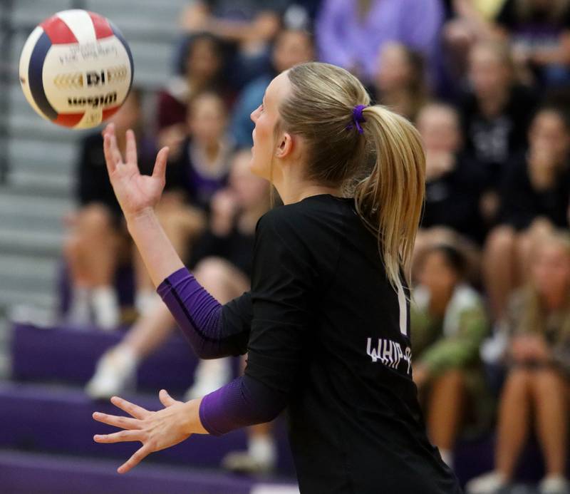 Hampshire’s Elizabeth King serves against Prairie Ridge in varsity girls volleyball at Hampshire High School in Hampshire on Tuesday, Sept. 2, 2025.