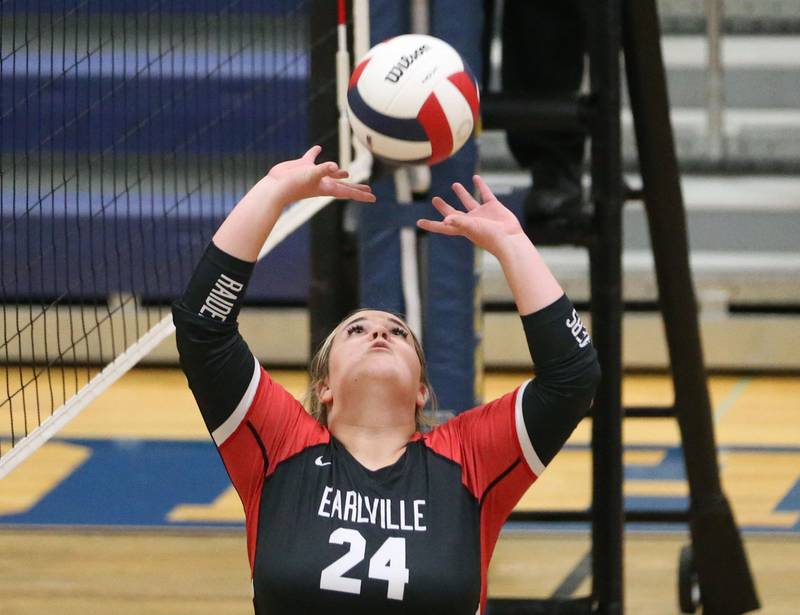 Earlville's Payton Actis sets the ball in the air against Somonauk during the Class 1A Regional semifinals on Monday, Oct. 27, 2025 at Somonauk High School.