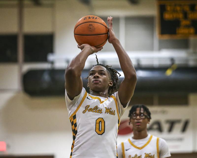Joliet West's Aamir Shannon (0) shoots a free throw during their basketball game between Plainfield South at Joliet West, Feb 2, 2026 in Joliet.