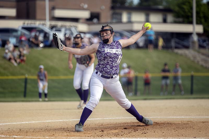 Orangville’s Rylie Scheuerell fires a pitch against Fulton Tuesday, May 26, 2026, at the Eastland Class 1A softball sectional quarterfinal.