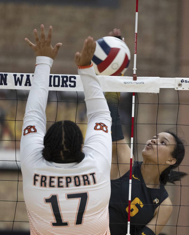 Sterling’s Alasia Harris-Rascon spikes against Freeport Tuesday, Oct. 28, 2025, in the Class 3A regional semifinal at Sterling.