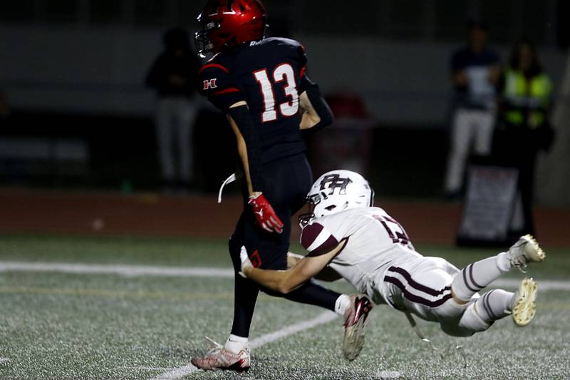 Huntley's Kyle Ziebell is tackled by Prairie Ridge's Landon Moffitt before he can reach the end zone during a Fox Valley Conference football game on Friday, Oct. 3, 2025, at Huntley High School.