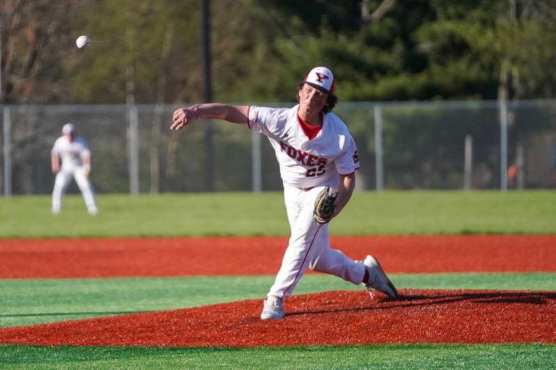 Yorkville's Preston Regnier (25) delivers a pitch against West Aurora during a baseball game at Yorkville High School on Monday, April 15, 2024.