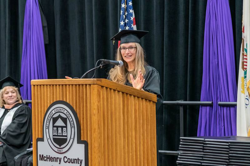 Student speaker Cheryl Murillo addresses the Class of 2022 at McHenry County College's winter commencement ceremony on Saturday, Dec. 10, 2022.