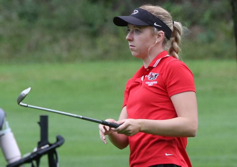 Erie-Phophetstown's Hannah Huisman tees off on the 8th hole during the Class 1A Regional golf meet on Thursday, Sept. 28, 2023 at Spring Creek Golf Course in Spring Valley.