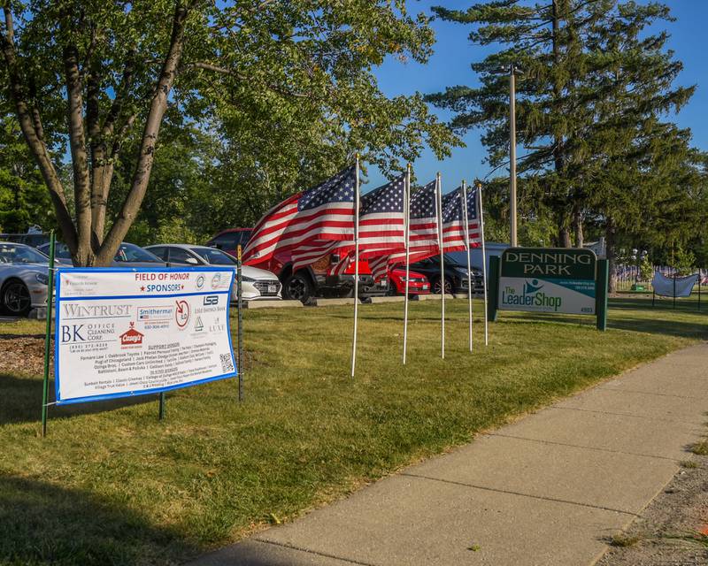 Denning park in La Grange displays American flags in front of the park on Sunday Sep. 3 2023, where 500 American flags are on displayed, known as Field of Honor, to honor veterans, active military, first responders as well as frontline workers.