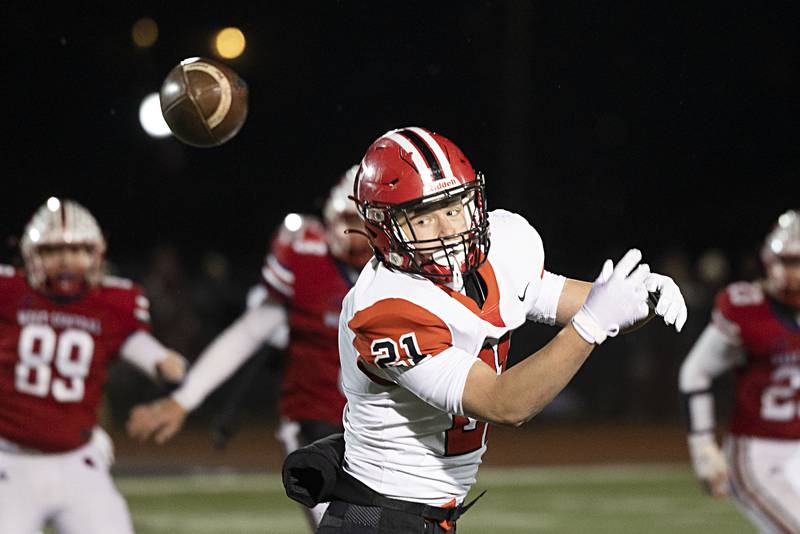 Amboy’s Quinn Leffelman has a pass slip through his hands early Friday, Nov. 18, 2022 in the 8-man championship football game against West Central.