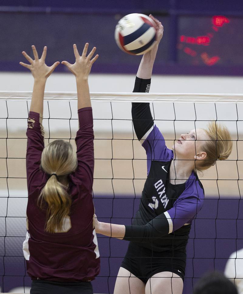 Dixon’s Madyson Tichler hammers a shot for a score against Morris Thursday, Oct. 31, 2024 in the class 3A regional championship at Dixon High School.