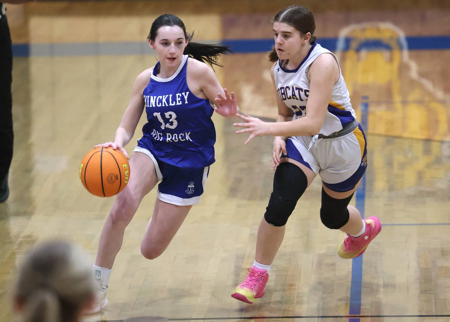 Hinckley-Big Rock's Mia Cotton brings the ball up against Somonauk/Leland’s Ashley McCoy during their game Thursday, Jan. 15, 2026, at Somonauk High School.