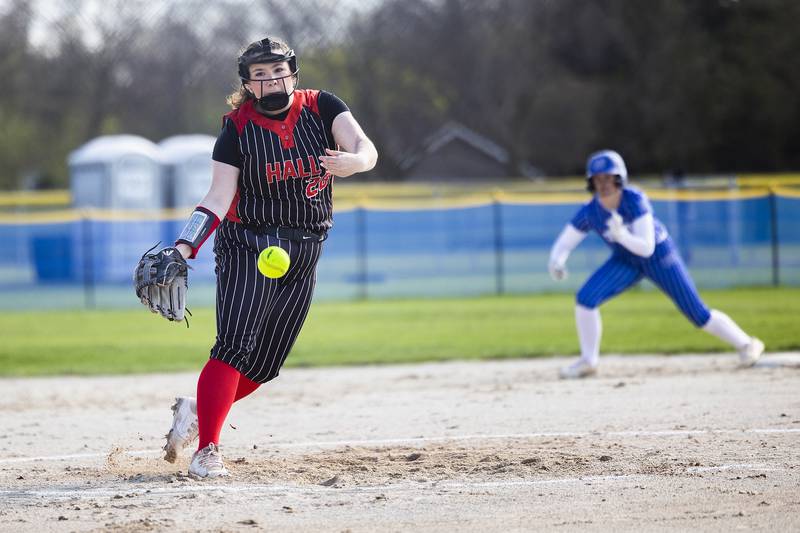 Hall’s Brynn Blair fires a pitch against Newman Monday, April, 21, 2025.