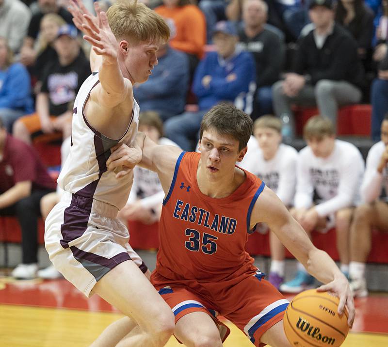 Eastland’s Parker Krogman dribbles against Dakota’s Drake Davis Wednesday, March 4, 2026, in the Orion 1A sectional semifinal.