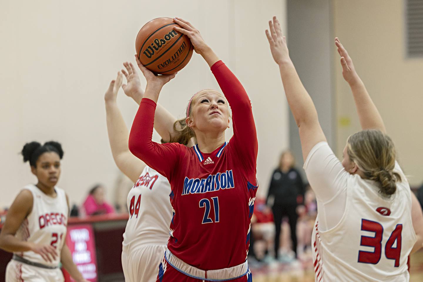 Morrison’s Camryn Veltrop puts up a shot against Oregon Wednesday, Jan. 17, 2024 at Oregon High School.