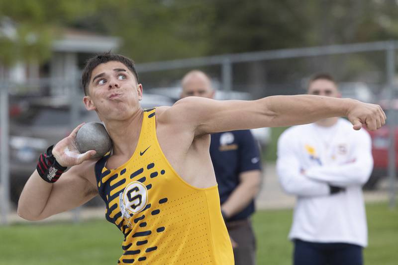 Sterling’s Gavino Munoz-Ripley throws the shot Friday, May 2, 2025, at the Sterling Night Relays.