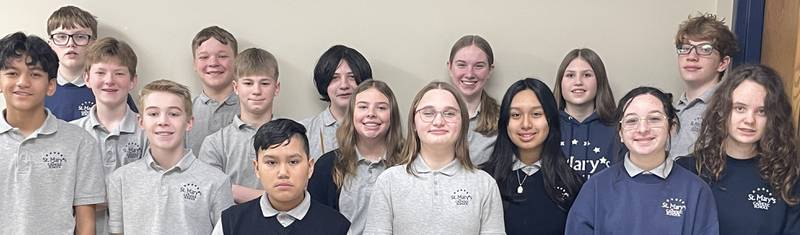 St. Mary Catholic School's qualifying science fair students Joe Donahoe, Rylan Wega, Arely Rodriguez, Eileen Lehan, Carlisle Cheladyn, Ethan Eide, Declan Jaszczak, Norah Maniaci, Kylie Hines, Liam Fifer, Liam Schroeder, Stefan Garcia, Owen Chaplin, Anthony Rodriguez, Annabelle Vega, and Shannon Lindwall