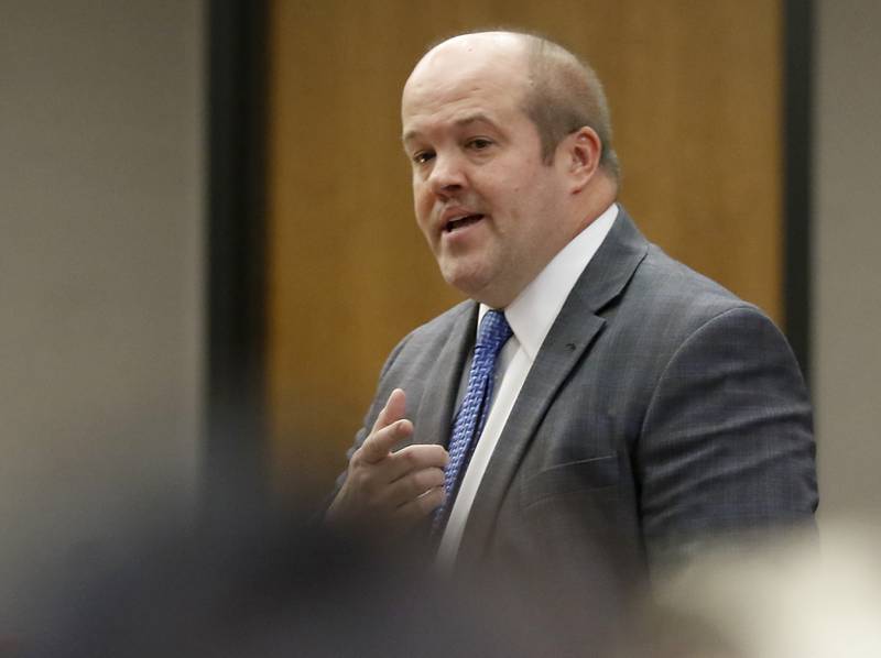 Defense attorney Fredrick Day delivers his opening statement during William Bishop’s bench trial before McHenry County Judge Michael Coppedge on Monday, Oct. 17, 2022, in the McHenry County courthouse in Woodstock.