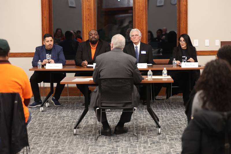 Candidates for Joliet City Council District 4 Cesar Cardenas (left), Christopher Parker, William Ferguson and Rosa Hernandez sit in on a moderated forum for the candidates at the Joliet Public Library on Thursday, March 9th, 2023 in Joliet.