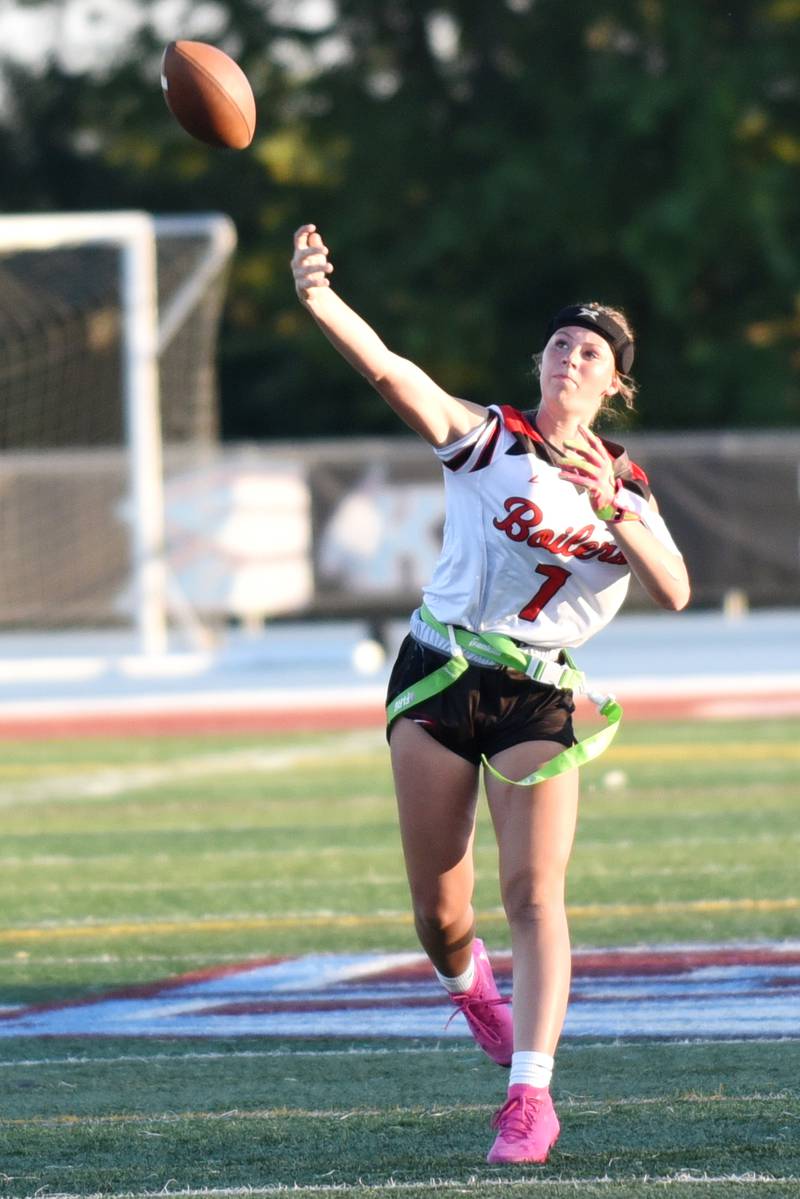 Bradley-Bourbonnais' Elise Munsterman throws a pass during the All-City game at Kankakee Wednesday, Sept. 17, 2025.
