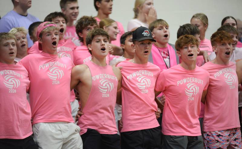 The Fulton student section cheers on the Steamers' volleyball team during Volley For the Cure game with Eastland on Tuesday, Oct. 7, 2025.