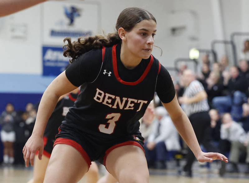 Benet's Aria Mazza (3) watches the inbound pass during a girls varsity basketball game between Benet and Nazareth academies on Saturday, Dec. 14, 2024 in La Grange Park.