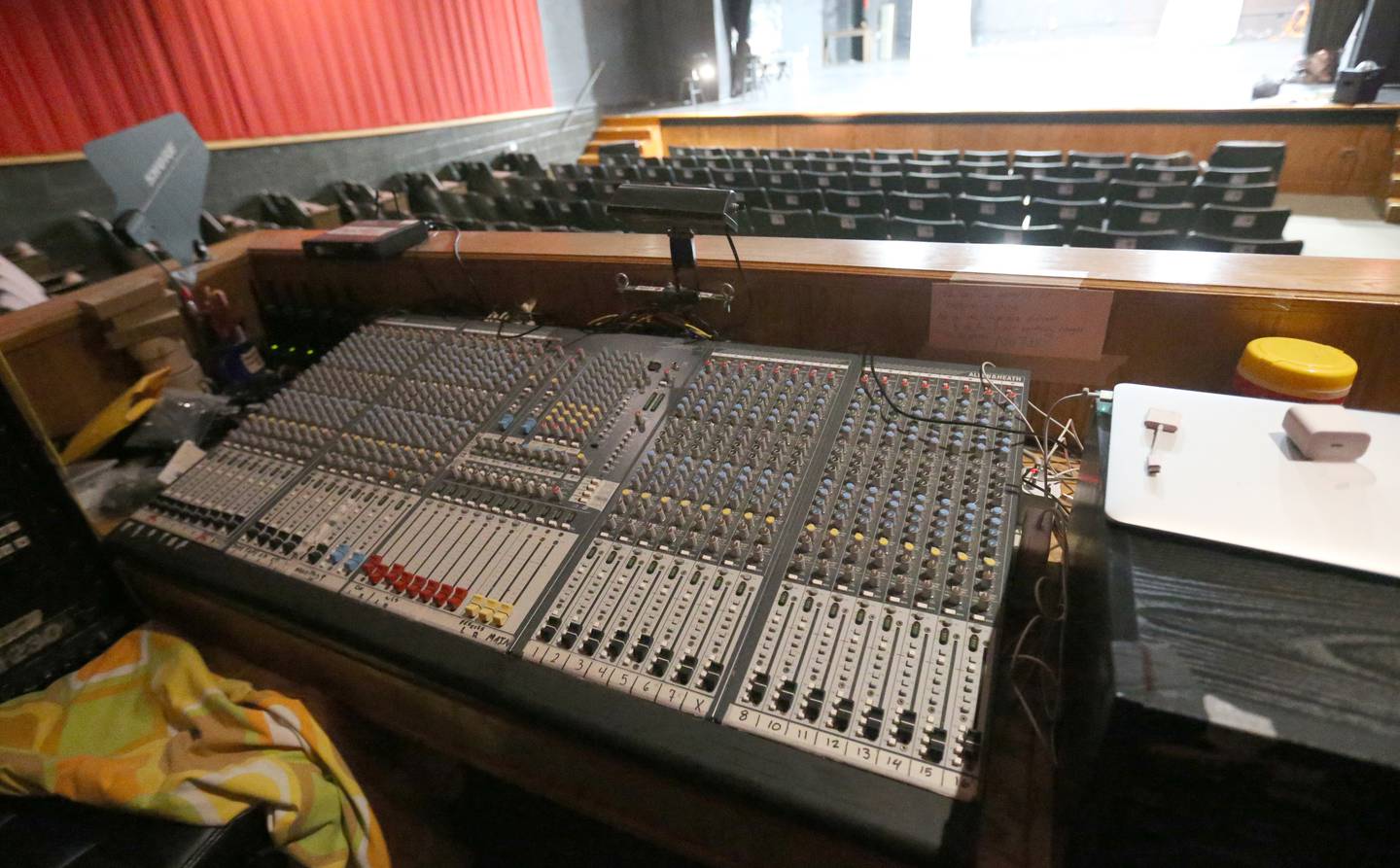 A view of the sound board on Friday, May 2, 2025 at Stage 212 in La Salle. The board will be removed with new seating installed in it's spot. Renovations totaling $162,000 are scheduled to begin this fall. Over $100,000 has been raised from donations so far. The renovations include new seating, curtains, ceiling tiles and acoustic panels.