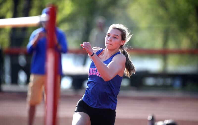 Rosary’s Katie Kostro competes in the high jump during the 2024 Kane County Girls Track and Field meet at St. Charles East on Thursday, April 25, 2024.