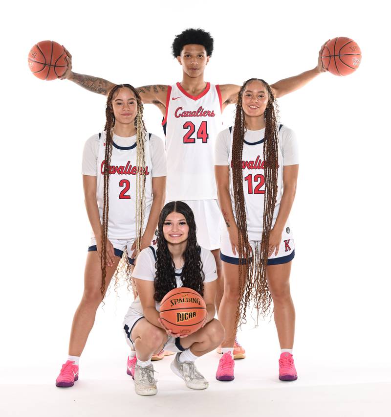 Cavaliers Basketball players featured in photo: Ross (#2), Alana Ross (#12), and JJ Gillespie (#24); Crouching - Mariya Babilius (#30)